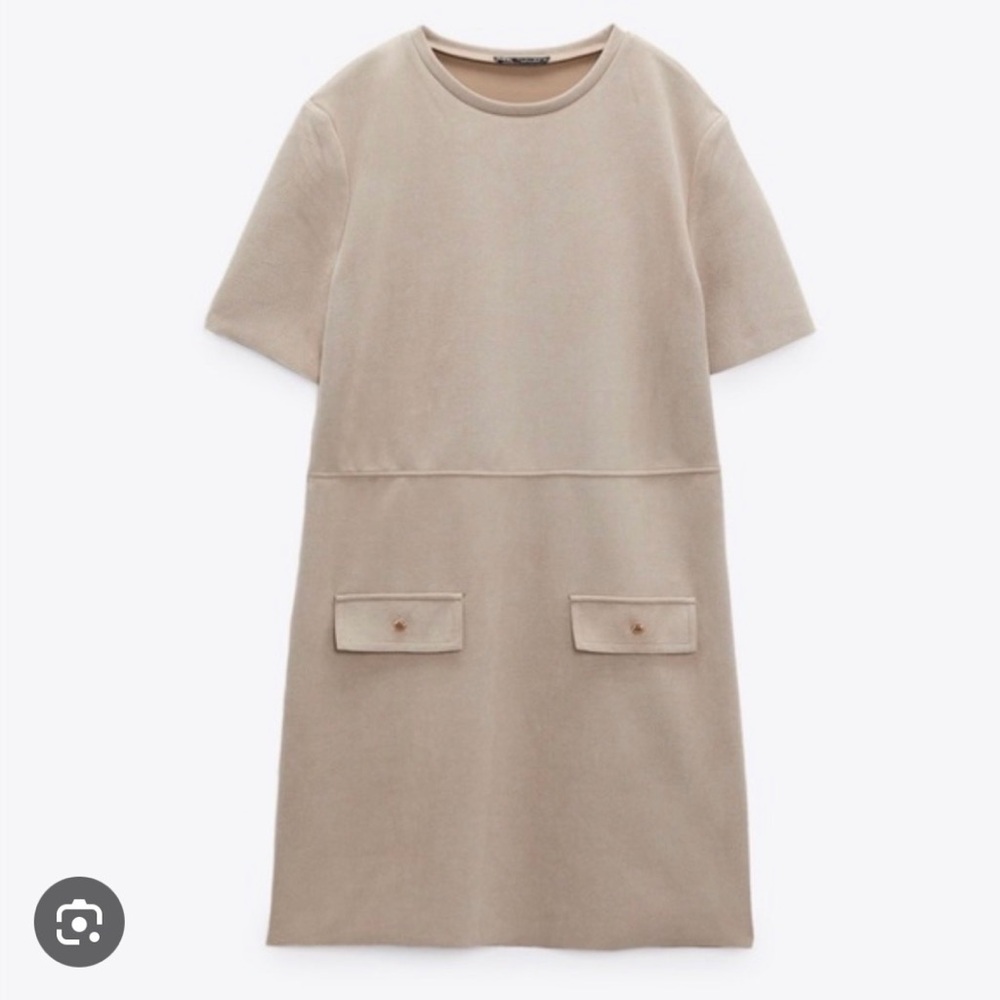 Zara Beige Short-Sleeve Pocket Shift Dress